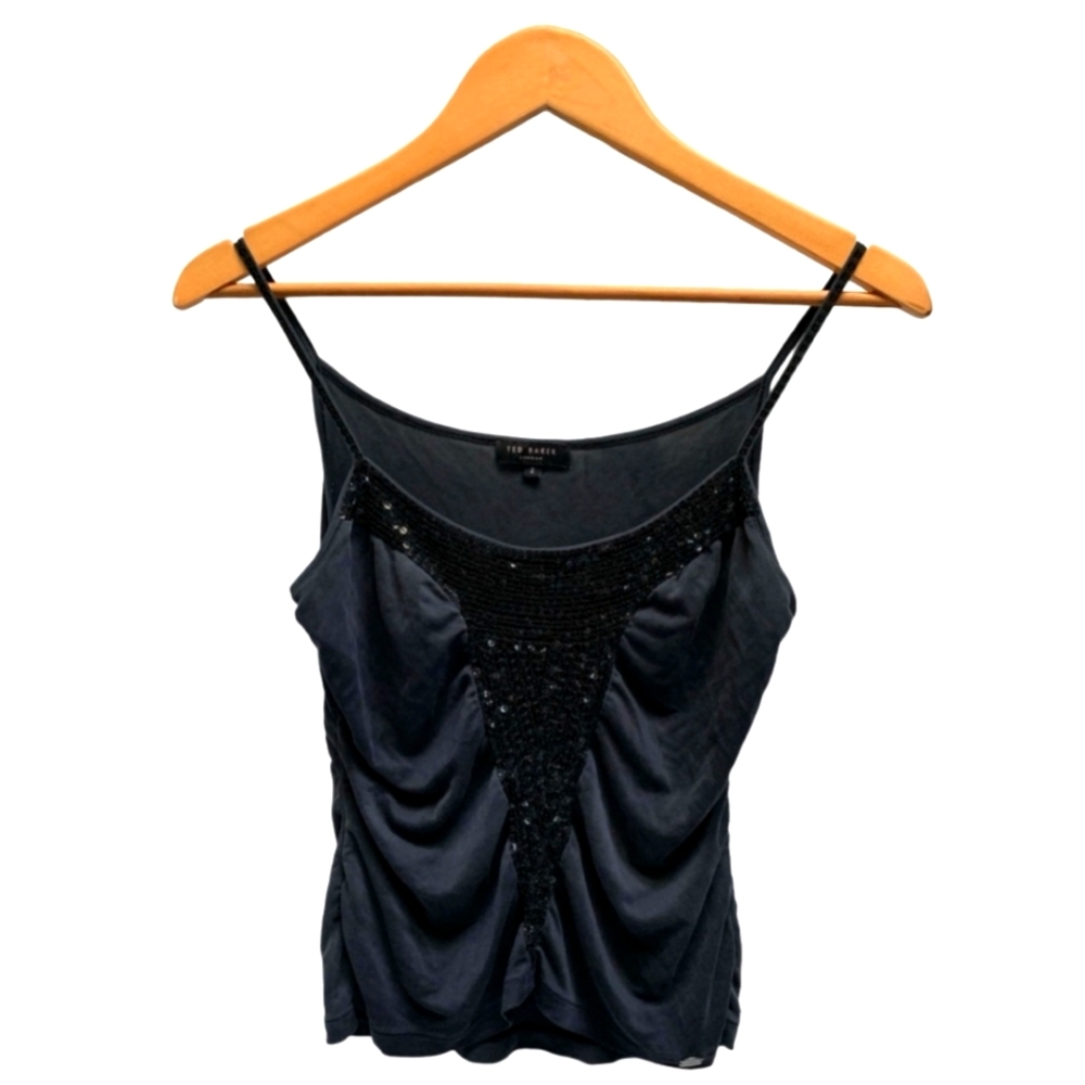 (Sz 2)🆕️Ted Baker💯Silk Charcoal   Cami w Sequins Ptp 17"× L21"